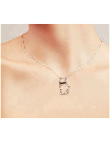Collar Gatos colgante cz negro - plata 925