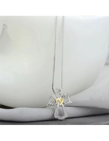 Collana in argento con pendente angelo in argento intarsiato con zirconi e cristalli - argento 925