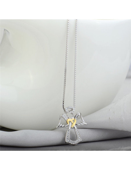 Collier en Argent avec son pendentif ange argent incrusté de zircons et cristaux  - argent 925