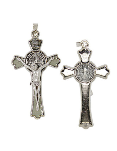 Croce di San Benedetto placcata in argento con smalto giallo fluorescente - 3 x 5 cm