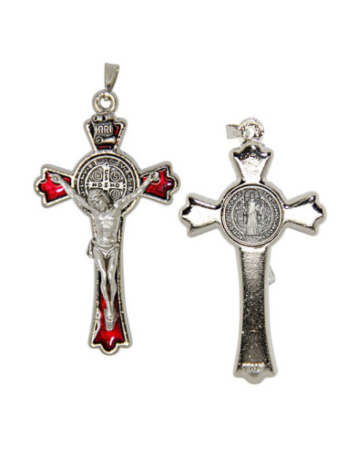 Ciondolo a forma di croce di San Benedetto placcata in argento con smalto rosso - 3 x 5 cm
