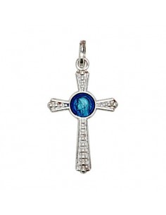 Pendentif croix Vierge Marie émaillée bleu - véritable Argent 925