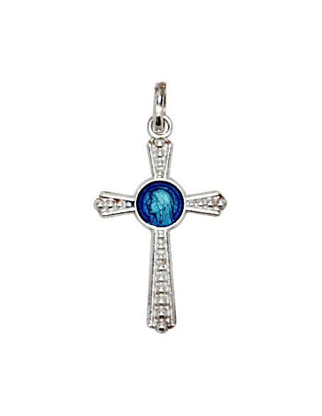 Colgante cruz Virgen María esmaltada azul - plata auténtica 925