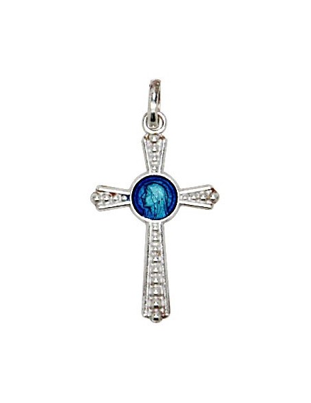 Pendentif croix Vierge Marie émaillée bleu - véritable Argent 925