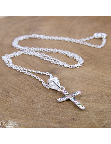 Multicolored rhinestone cross necklace - Silver 925
