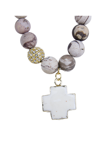 Pulsera de ágata con cruz de turquesa blanca - chapada en oro