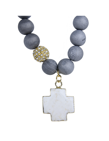 Graues Achat-Armband mit weißem Türkis-Kreuz - vergoldet