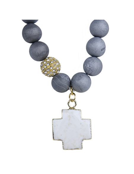 Bracciale in agata grigia con croce in turchese bianco - placcato oro