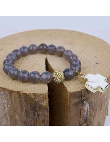 Facettiertes Achat-Armband mit weißem Türkis-Kreuz - vergoldet