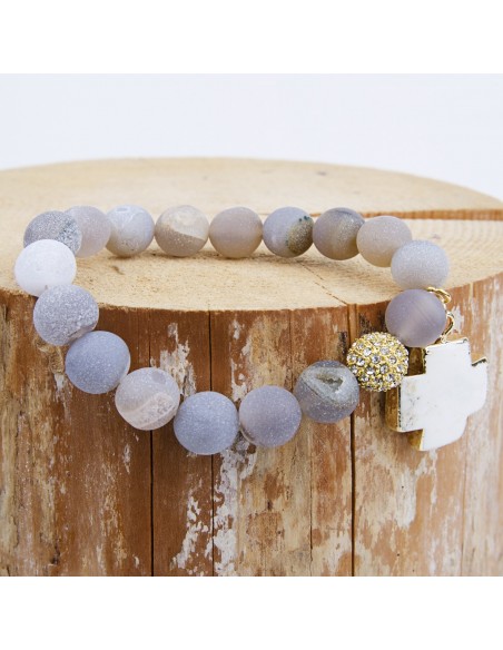 Blue lace agate bracelet with white turquoise cross - gold plated