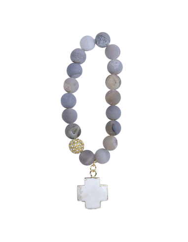 Blaues Spitzenachat-Armband mit weißem Türkis-Kreuz - vergoldet