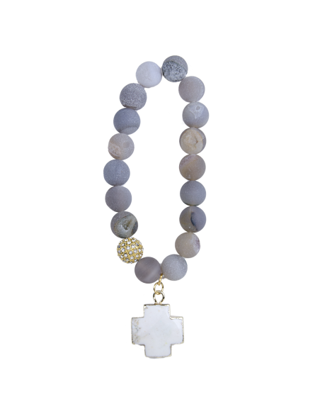 Bracciale in agata blu con croce in turchese bianco - placcato oro