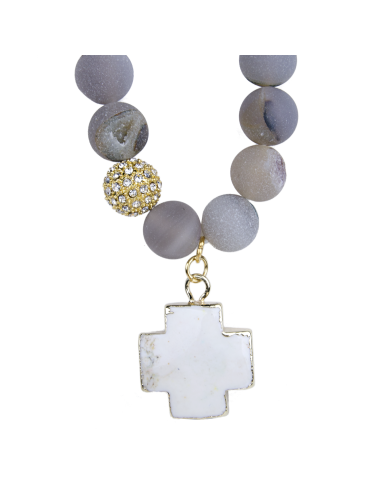 Pulsera de ágata azul con cruz de turquesa blanca - bañada en oro