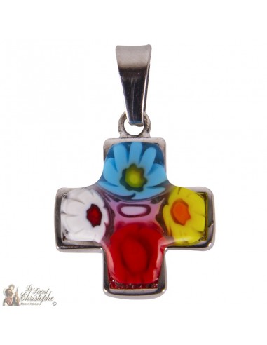 Pendentif croix Murano verre - acier inoxydable