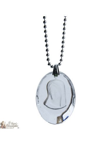 Collier pendentif médaille de la Vierge Marie en verre translucide