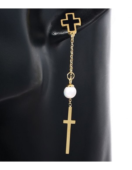 Orecchini pendenti a croce e perla - placcato oro