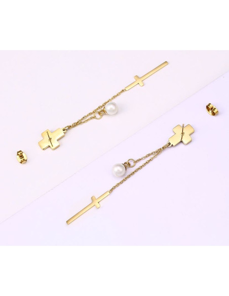 Cross and pearl hanging earrings - gold plated