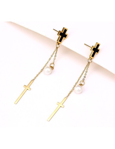 Boucles d'oreilles pendante croix et perles - plaqué or