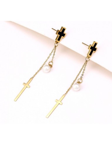 Orecchini pendenti a croce e perla - placcato oro