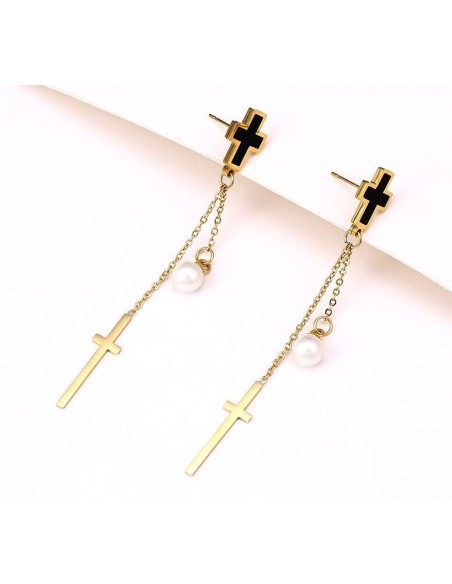 Boucles d'oreilles pendante croix et perles - plaqué or