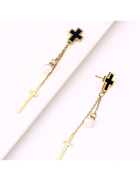Ohrringe mit Kreuz und Perle - vergoldet