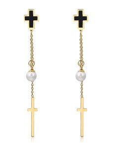 Cross and pearl hanging earrings - gold plated