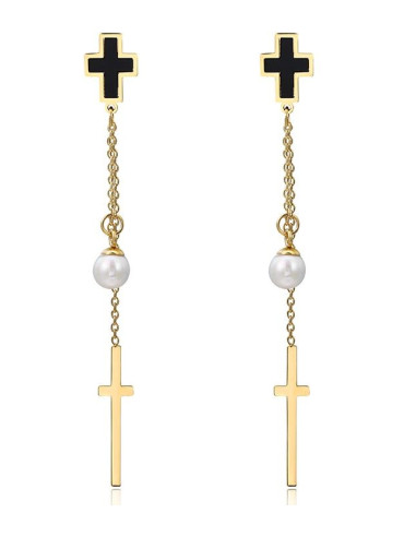 Boucles d'oreilles pendante croix et perles - plaqué or