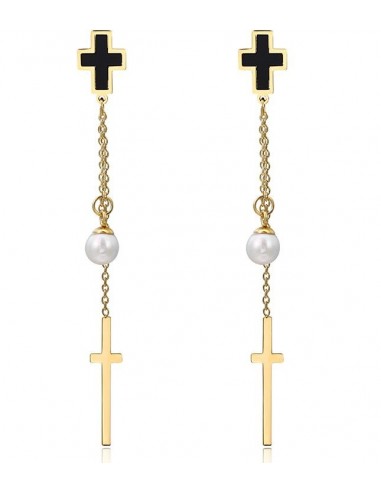 Orecchini pendenti a croce e perla - placcato oro