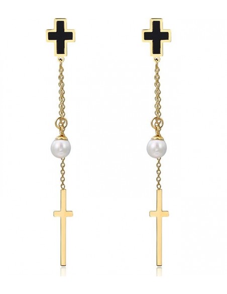 Orecchini pendenti a croce e perla - placcato oro