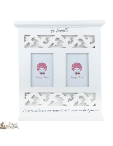 Cadre photo double en bois blanc – La famille, 31 × 33 cm