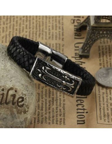 Bracelet cuir et métal inoxydable avec croix