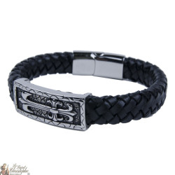 Bracelet cuir et métal inoxydable avec croix