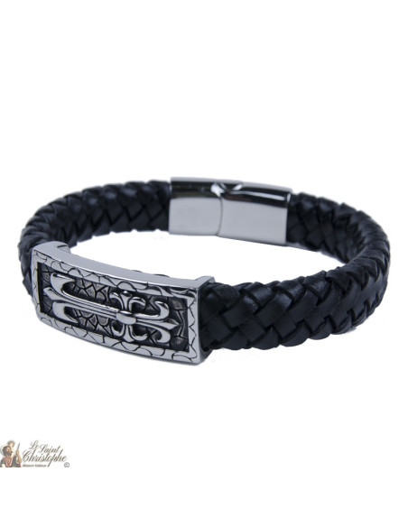 Leather and stainless steel bracelet with cross