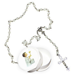 Real white rosary with mother-of-pearl pearls and boy's communicating box