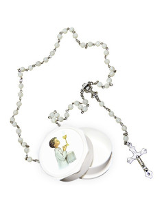 Chapelet blanc véritable perles en nacre avec boite communiant garçon