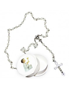 Echter weißer Rosenkranz mit Perlmuttperlen und Jungen-Kommunikationsbox.