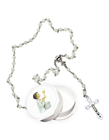 Real white rosary with mother-of-pearl pearls and boy's communicating box