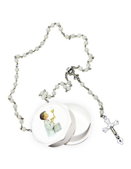 Echter weißer Rosenkranz mit Perlmuttperlen und Jungen-Kommunikationsbox.