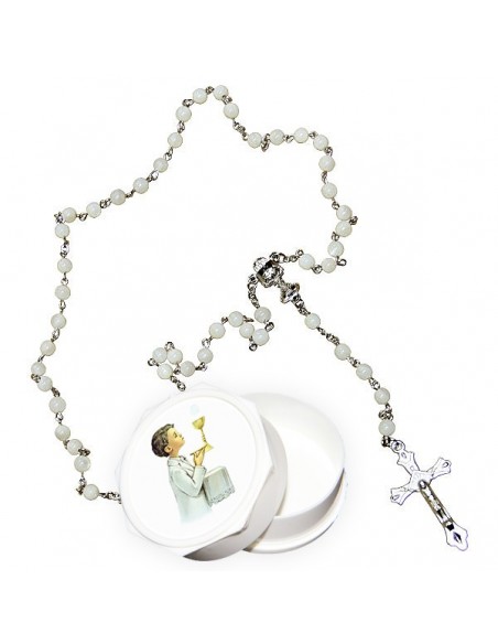 Real white rosary with mother-of-pearl pearls and boy's communicating box
