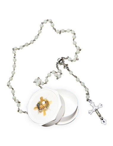 Real white rosary with mother-of-pearl pearls and boy's communicating box
