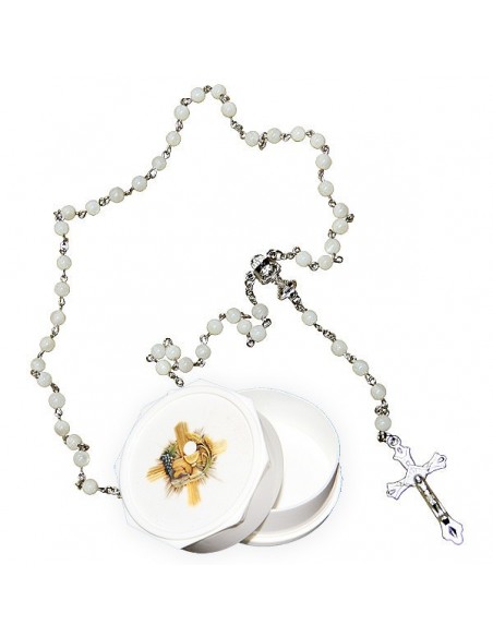 Chapelet blanc véritable perles en nacre avec boite communiant