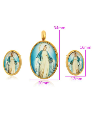 Conjunto de colgantes y pendientes Virgen Milagrosa - 24 k bañado en oro