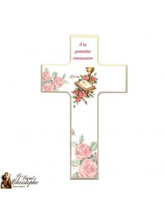 Croix en bois pour communion - bible et roses
