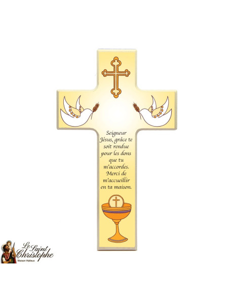 Wooden cross for communion chalice and doves