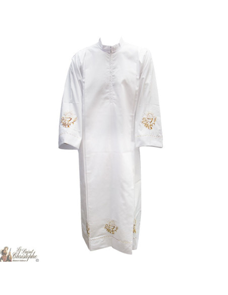 White alb with cross embroidered pleat - cotton