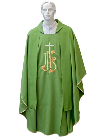 Chasuble pour prêtre avec étole brodée JHS doré et argenté