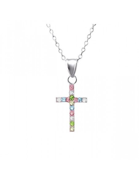 Collier croix strass multicolore - Argent 925