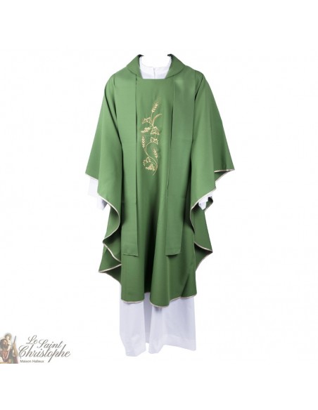 Chasuble avec étole pour prêtre brodée épis de blés - verte