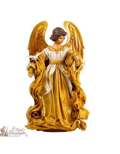 Goldener und drapierter Engel mit Taube und Harfe