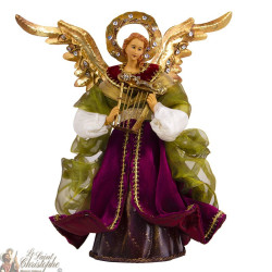 Ange auréolé à robe rouge et verte avec harpe